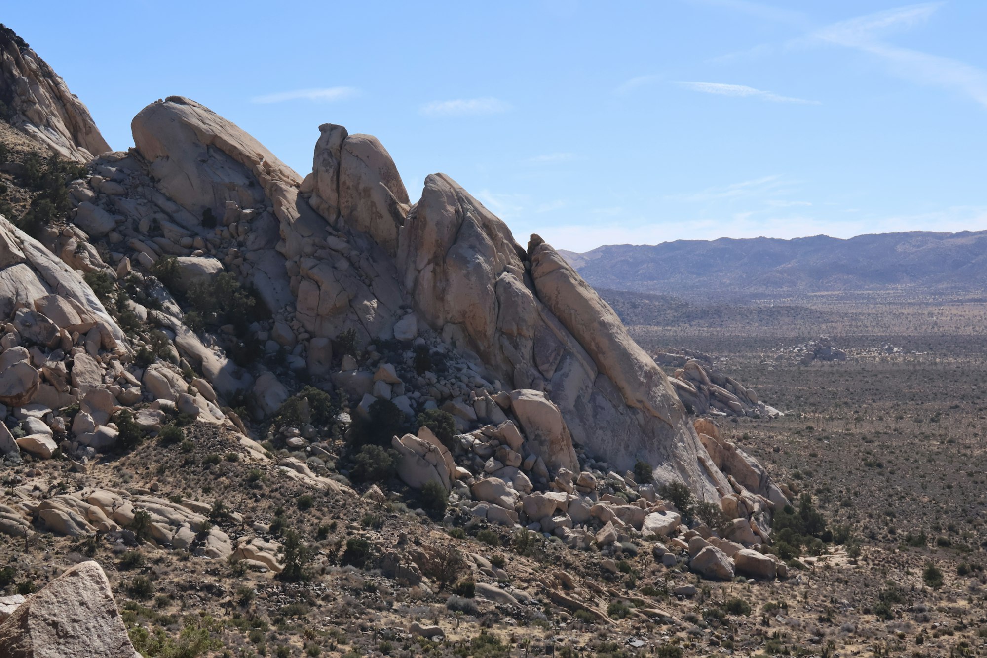 Jagged rock formations in the Joshua Tree National Park desert landscape