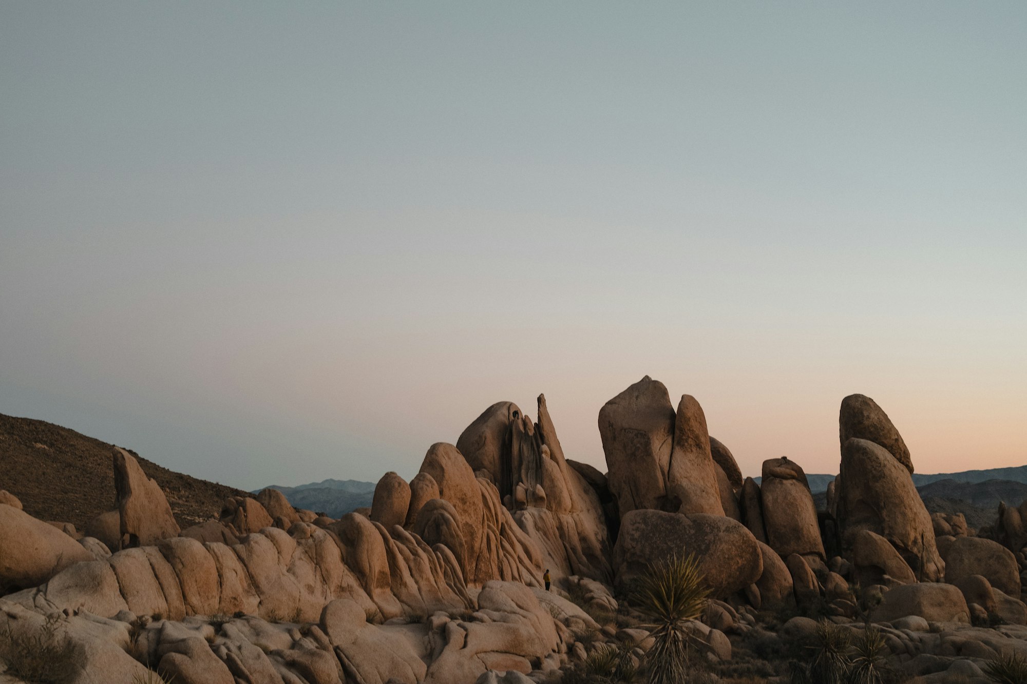 Desert rock formations rising under a clear blue sky in Joshua Tree