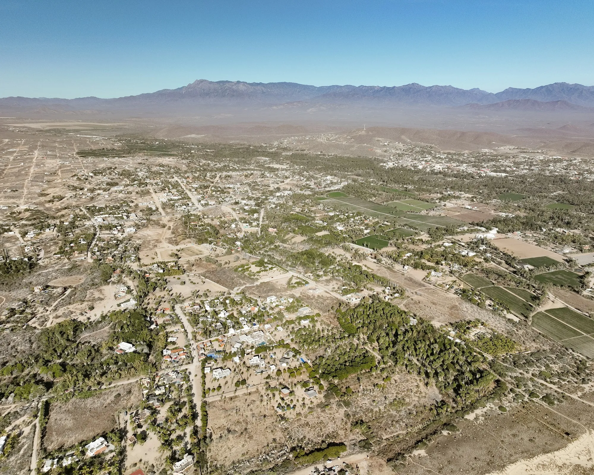 Aerial view of a small desert town in the Morongo Basin