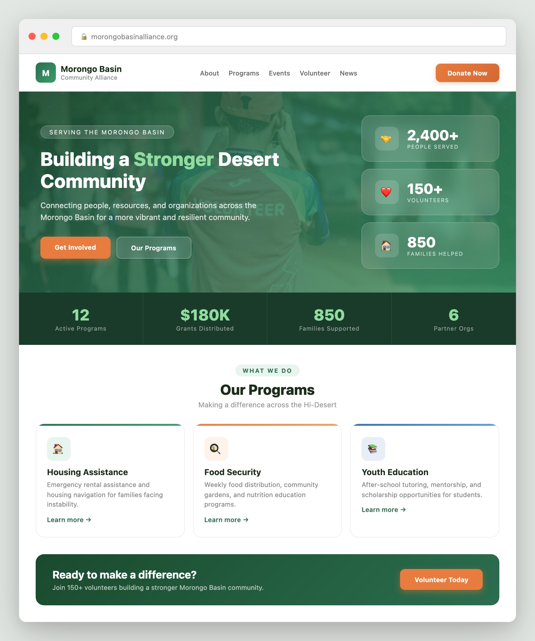 Morongo Basin Community Alliance non-profit website mockup showing programs and donation interface