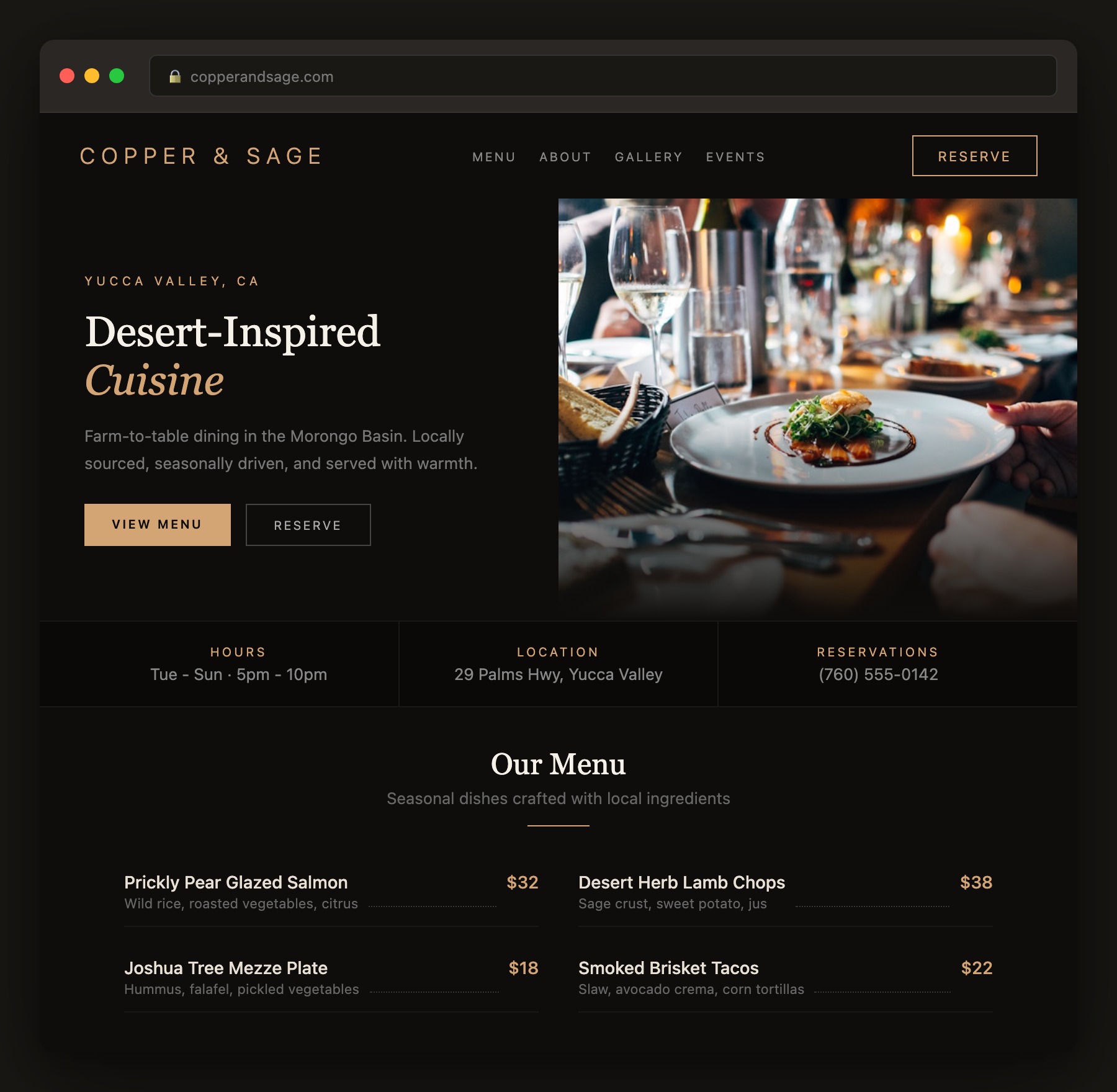 Copper & Sage restaurant website mockup showing menu and reservation system
