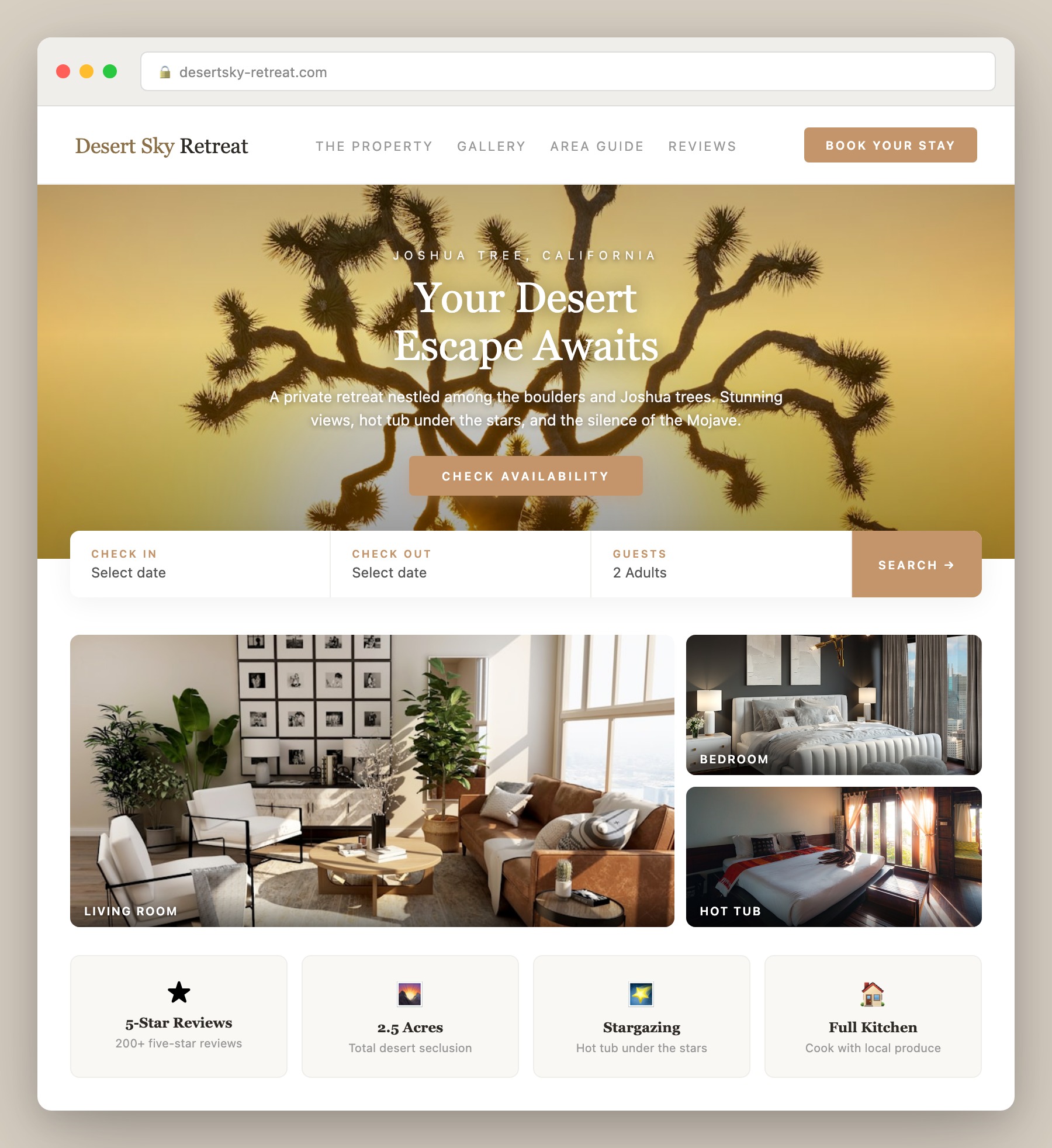 Desert Sky Retreat vacation rental website mockup showing booking interface and desert-themed design