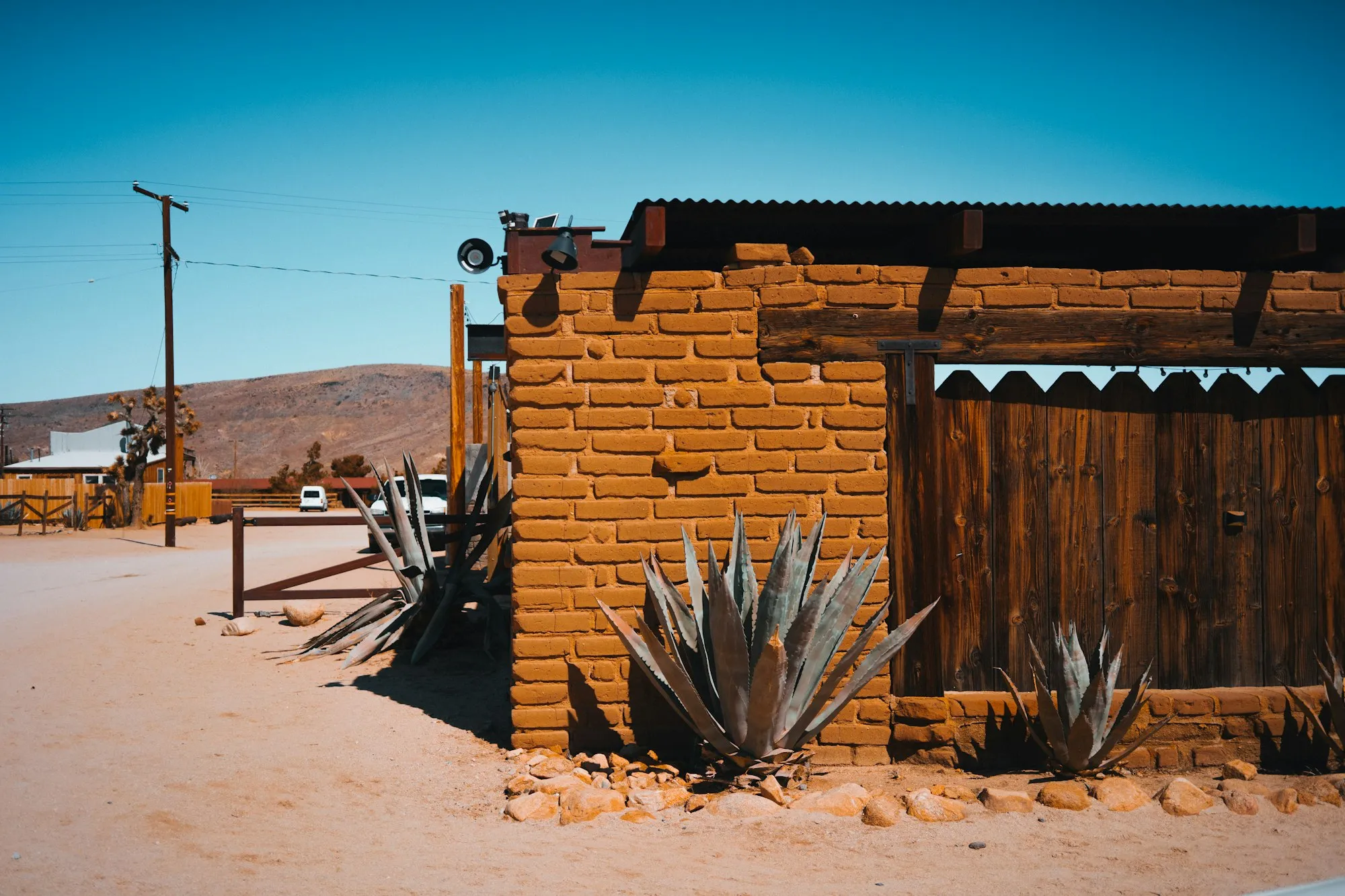 Rustic fences and desert landscape in Pioneertown, California